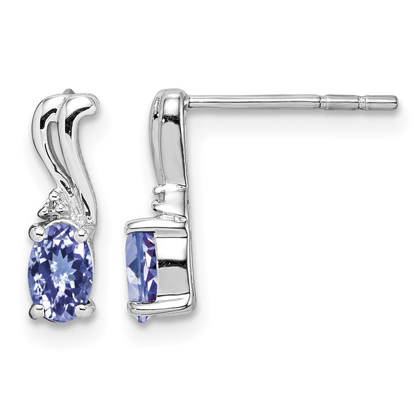 Sterling Silver Rhodium Plated Diamond & Tanzanite Oval Post Earrings - Birthstone Company
