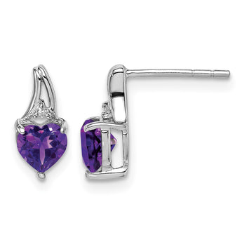Sterling Silver Rhodium Plated Diamond and Amethyst Heart Post Earrings - Birthstone Company