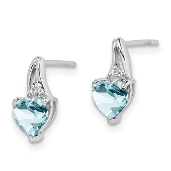 Sterling Silver Rhodium Plated Dia. Aquamarine Heart Post Earrings - Birthstone Company
