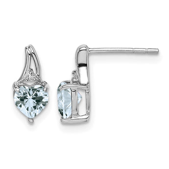 Sterling Silver Rhodium Plated Dia. Aquamarine Heart Post Earrings - Birthstone Company