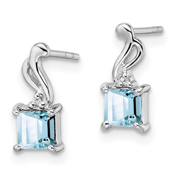 Sterling Silver Rhodium Plated Dia. Aquamarine Square Post Earrings - Birthstone Company