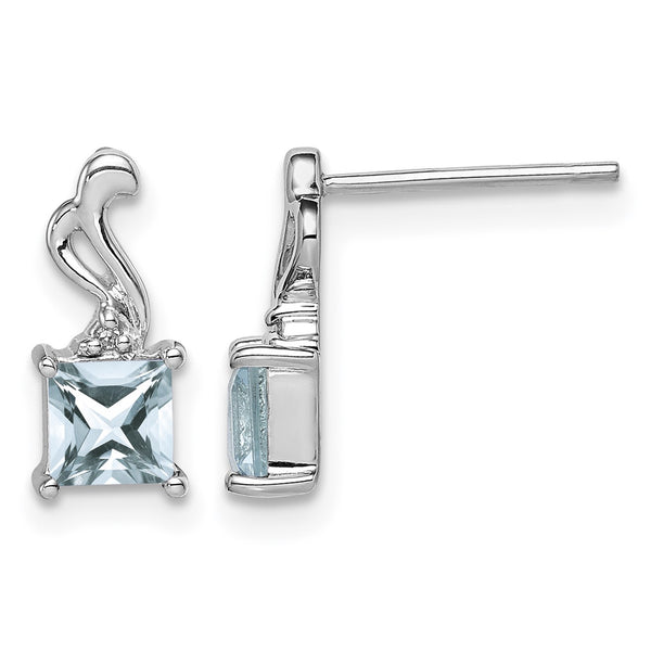 Sterling Silver Rhodium Plated Dia. Aquamarine Square Post Earrings - Birthstone Company