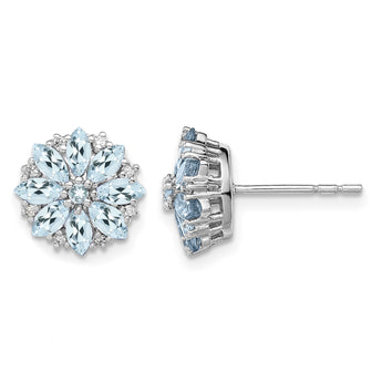 Sterling Silver Rhodium-plated Diamond & Aquamarine Earrings - Birthstone Company