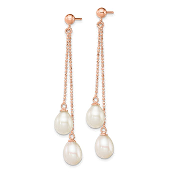 Sterling Silver Rose-tone 7-8mm White Rice Freshwater Cultured Pearl Post Dangle Earrings - Birthstone Company
