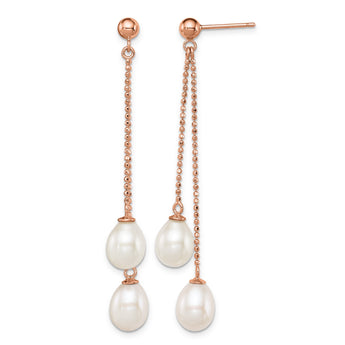 Sterling Silver Rose-tone 7-8mm White Rice Freshwater Cultured Pearl Post Dangle Earrings - Birthstone Company