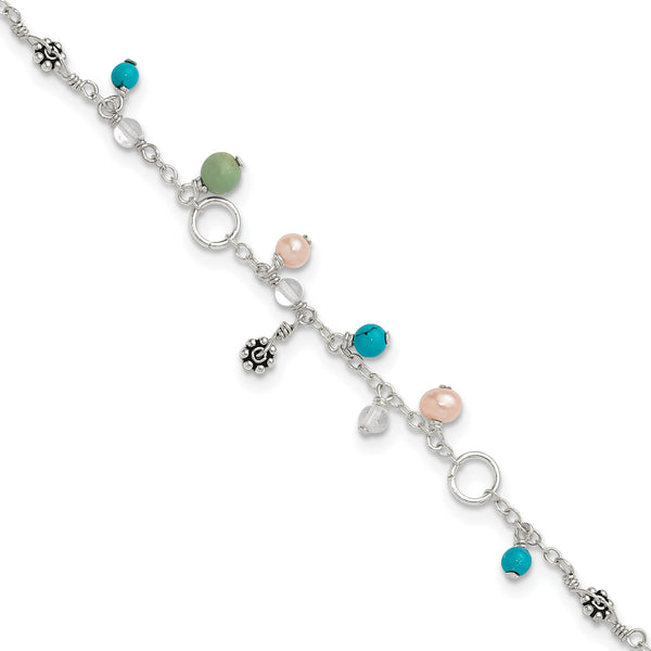 Sterling Silver Turquoise/Clear Bead/FW Cultured Pearl Anklet - Birthstone Company