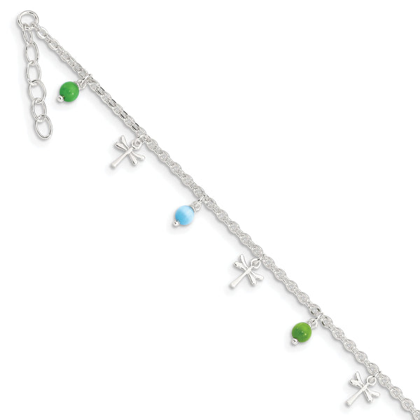 Sterling Silver Dragonfly with Aqua and Green Beads with 1in ext. Anklet