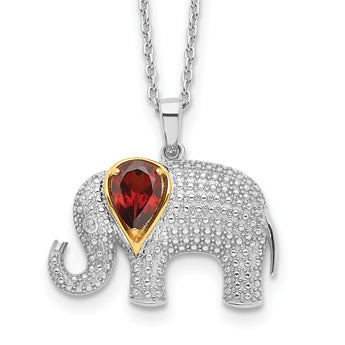 Brilliant Gemstones Sterling Silver with 14K Accent Rhodium-plated Garnet and Diamond Elephant 18 Inch Necklace with 2 Inch Extender - Birthstone Company