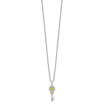 Brilliant Gemstones Sterling Silver with 14K Accent Rhodium-plated Peridot and Diamond Key 18 Inch Necklace with 2 Inch Extender