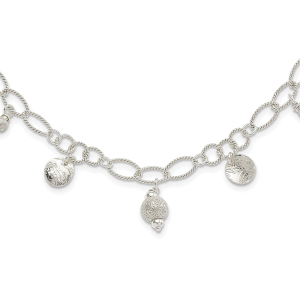 Sterling Silver Polished & Textured Fancy Circle Necklace