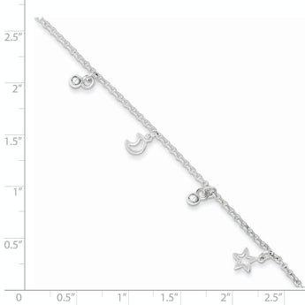 Sterling Silver Polished Bead Star and Moon 9in Plus 1in Ext. Anklet