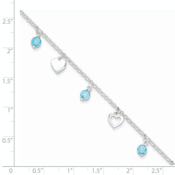 Sterling Silver 9 inch Heart and Blue Glass Plus1in ext. Anklet