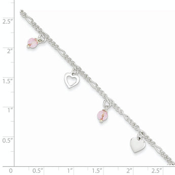 Sterling Silver Pink Glass Beads and Polished Hearts 9 inch Anklet with 1 inch extension