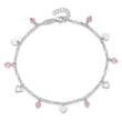 Sterling Silver Pink Glass Beads and Polished Hearts 9 inch Anklet with 1 inch extension