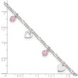 Sterling Silver Pink Glass Beads and Polished Hearts 9 inch Anklet with 1 inch extension