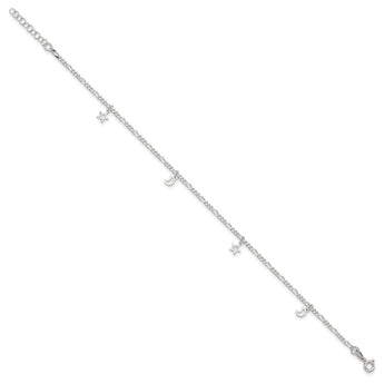 Sterling Silver Polished Star and Moon 9in Plus 1in Ext. Anklet
