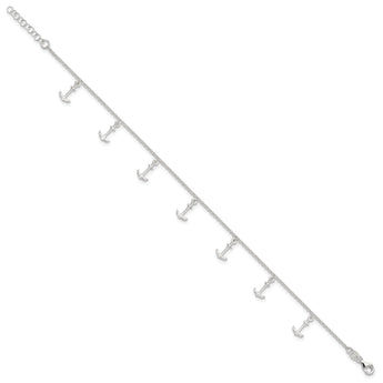 Sterling Silver Polished Anchors 9in Plus 1in Ext. Anklet