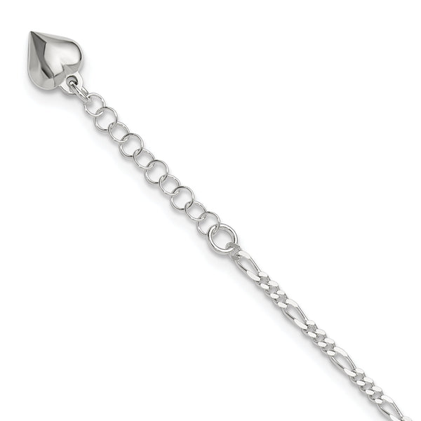 Sterling Silver Polished Heart 9in Plus 1in Ext. Anklet
