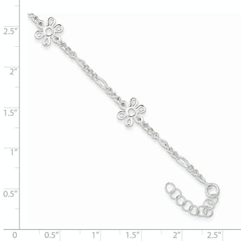 Sterling Silver Polished Flower 9in Plus 1in Ext. Anklet