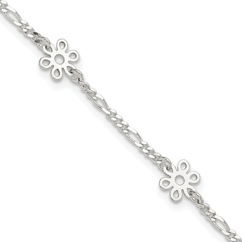 Sterling Silver Polished Flower 9in Plus 1in Ext. Anklet