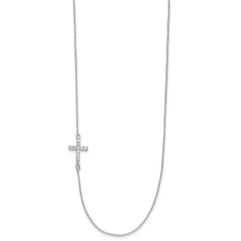 Sterling Silver Rhod-pltd CZ Offset Sideways Cross w/2in Ext Necklace
