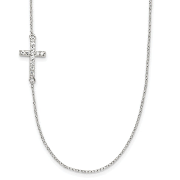 Sterling Silver Rhod-pltd CZ Offset Sideways Cross w/2in Ext Necklace