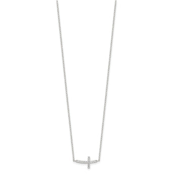 Sterling Silver Rhodium-plated CZ Sideways Cross w/2in Ext Necklace