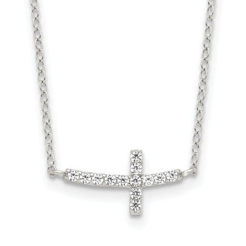 Sterling Silver Rhodium-plated CZ Sideways Cross w/2in Ext Necklace