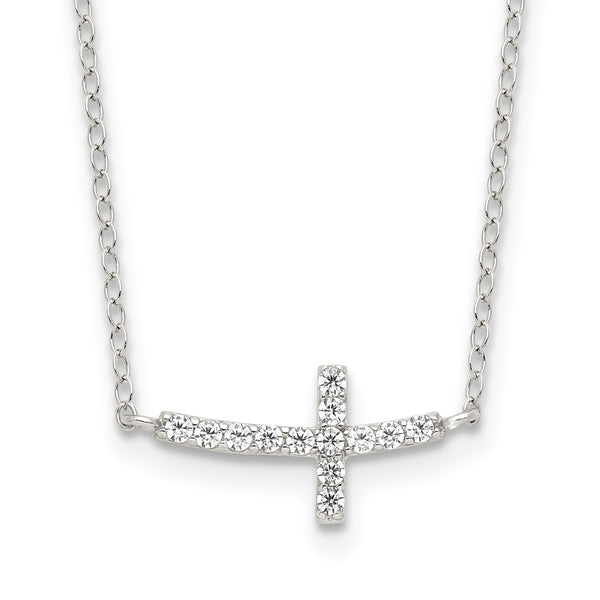 Sterling Silver Rhodium-plated CZ Sideways Cross w/2in Ext Necklace