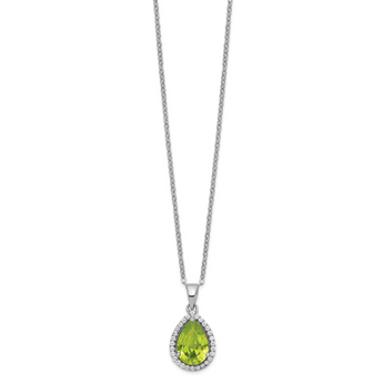 Sterling Silver Rhodium Polished Simulated Peridot & CZ Necklace