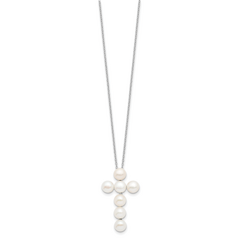 Sterling Silver Rhodium-plated 6-7mm White Button Freshwater Cultured Pearl Cross 17 inch Necklace