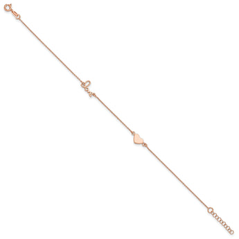 Sterling Silver Rose Tone Love and Heart 9in Plus 1in ext Anklet