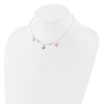 Sterling Silver Polished Enameled Floral & Butterfly Children's Necklace
