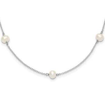 Sterling Silver Rhodium-plated 5-5.5mm White Semi-Round Freshwater Cultured Pearl 5-Station Children's 12 inch Necklace - Birthstone Company