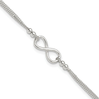 Sterling Silver 2-Strand Beaded Infinity Symbol 9in Plus 1in ext. Anklet