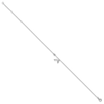 Sterling Silver Rhodium-plated Polished CZ Dolphin 9 inch with a 2 inch Extention Anklet