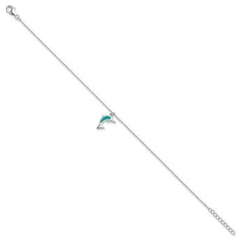 Sterling Silver RH-plated Created Opal Dolphin 9in Plus 1in Ext. Anklet