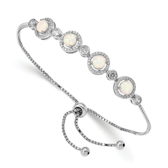 Sterling Silver RH-plated Created Opal and CZ Adjustable Bracelet