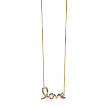 Prizma Sterling Silver Gold-tone 14K Flash Gold-plated 16 inch Colorful CZ LOVE Necklace with 2 inch Extender