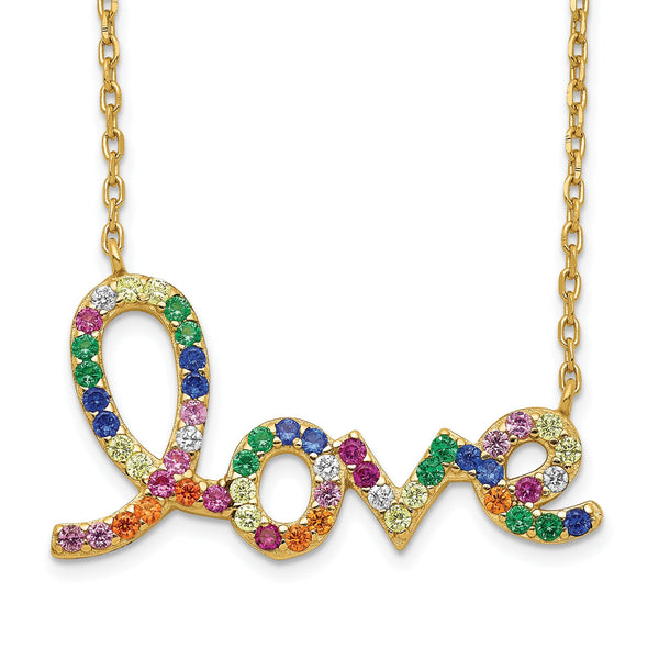 Prizma Sterling Silver Gold-tone 14K Flash Gold-plated 16 inch Colorful CZ LOVE Necklace with 2 inch Extender