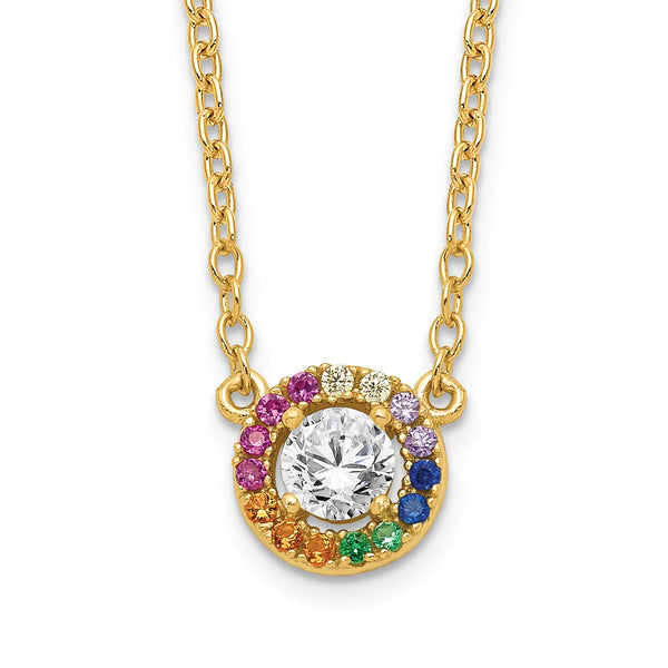 Prizma Sterling Silver Gold-tone 14K Flash Gold-plated 16 inch White and Colorful CZ Circle Necklace with 2 inch Extender