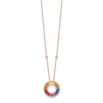 Prizma Sterling Silver Rose-tone 14K Flash Rose Gold-plated 16 inch Colorful Baguettes CZ Circle Necklace with 2 inch Extender