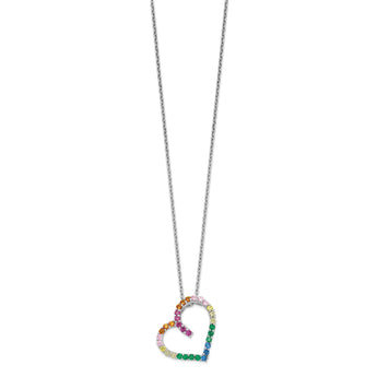 Prizma Sterling Silver Rhodium-plated 18 inch with 1 inch extender Fancy Lobster Clasp Colorful CZ Open Heart Necklace