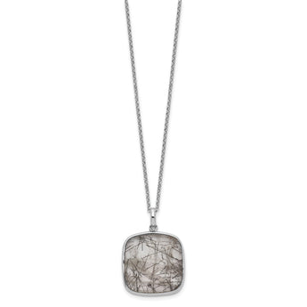 Sterling Silver Rhodium-plated Square Black Rutilated Quartz Necklace