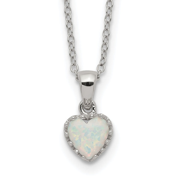 Sterling Silver Rhodium-plated Polish Heart Created Opal Necklace
