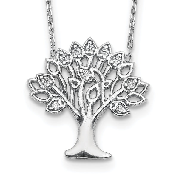 Sterling Silver Rhodium-plated CZ Tree w/ 2in ext. Necklace