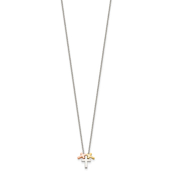 Sterling Silver Rose and Gold-tone 3-Cross w/ 2in ext. Necklace