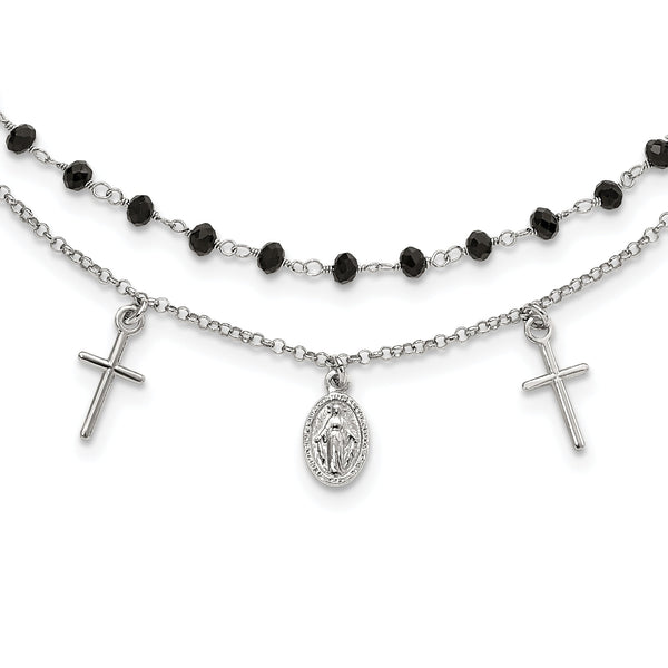 Sterling Silver RH-plated Black Beaded Cross/Miraculous Medal Necklace