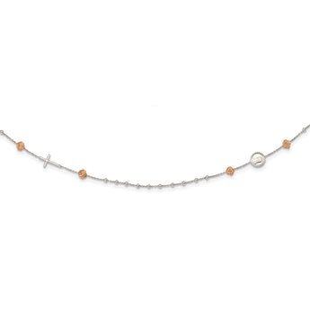 Sterling Silver Beaded with Rose-tone Roses Religious 18 inch Necklace with 1 inch extension