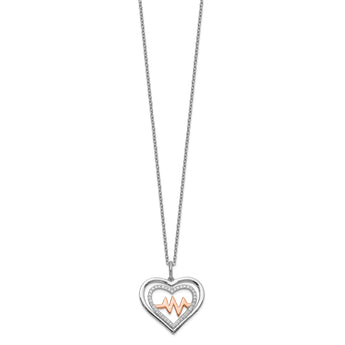 Sterling Silver RH-plated Rose-tone CZ Heartbeat w/2in ext Necklace